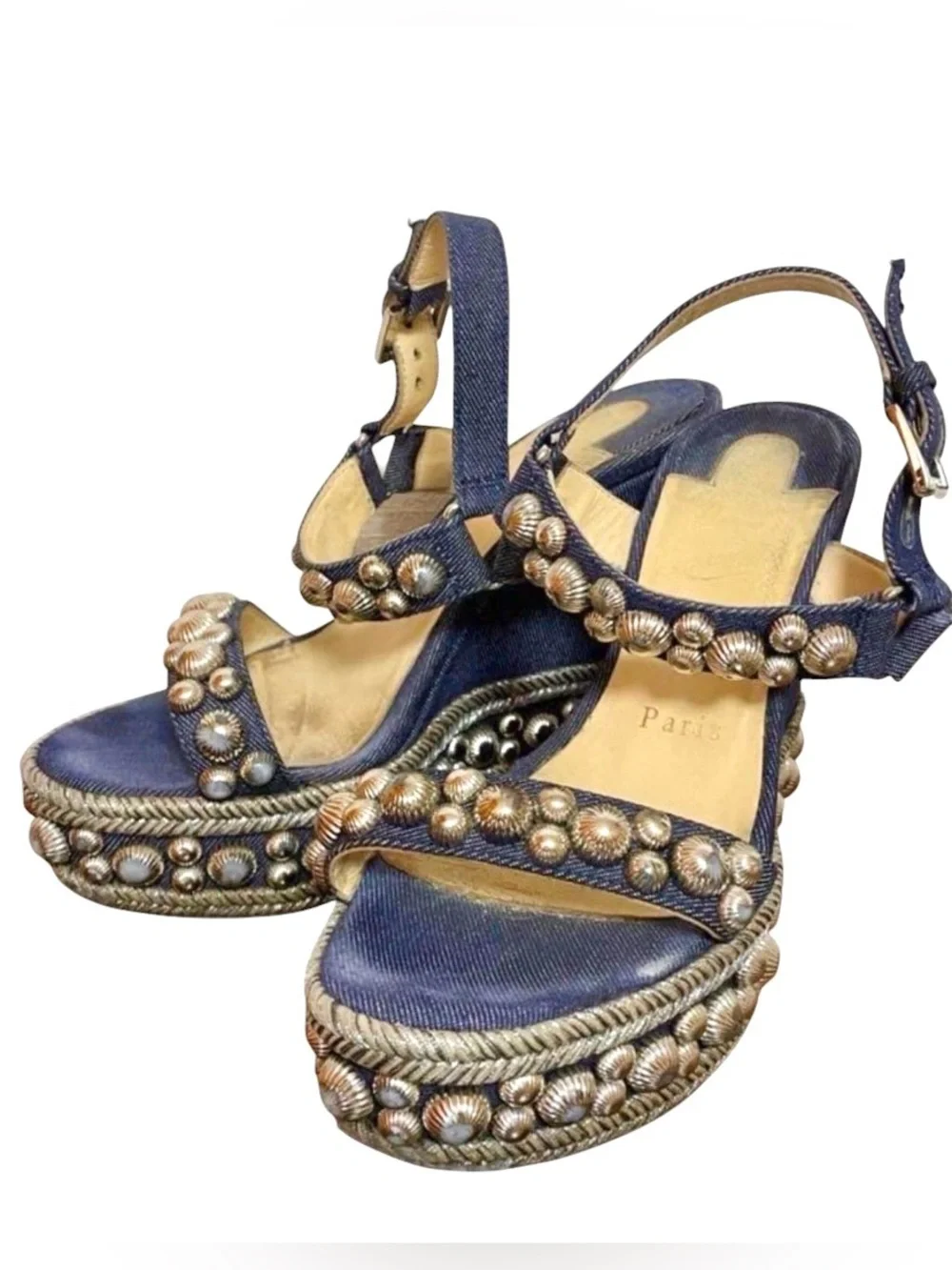 Christian Louboutin Denim 120 Rondaclou Wedge Studded Spike Sandals